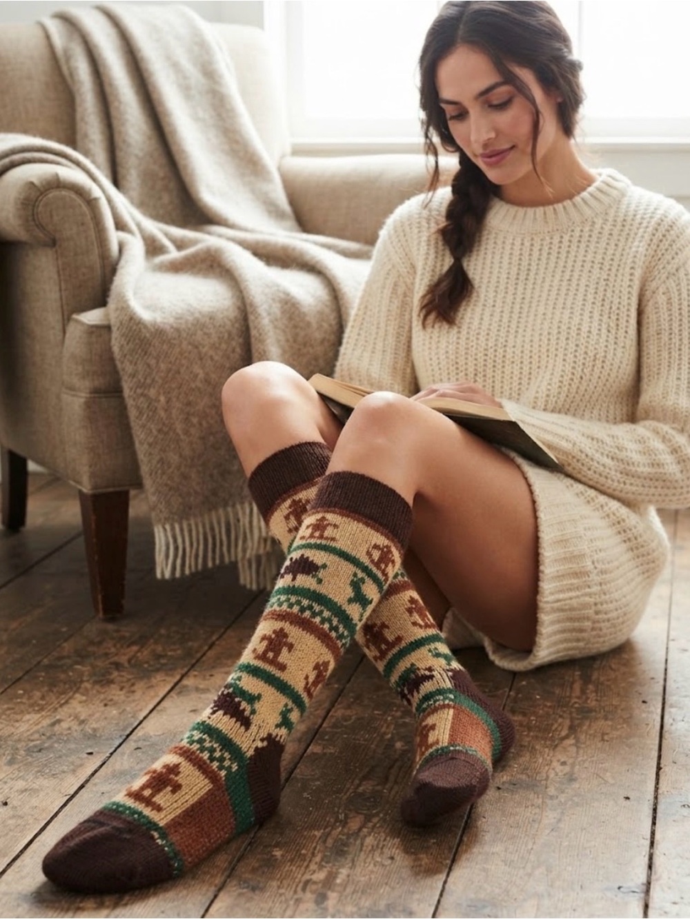 Vintage 70s Style Cozy Winter Knit Long Socks Brown Green Cottagecore Boh